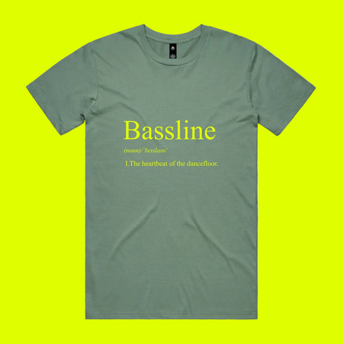 Green t-shirt with yellow text on a bright yellow background