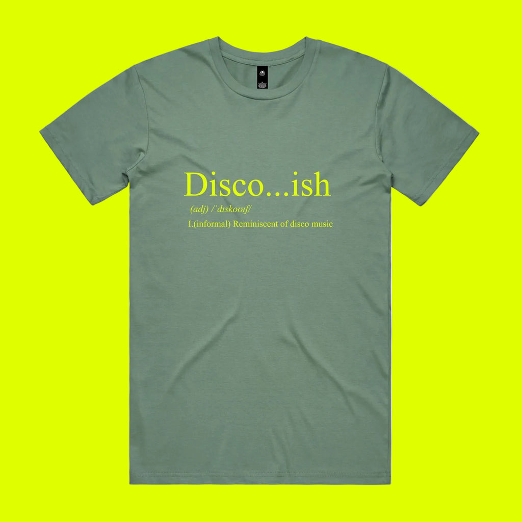Green t-shirt with yellow text 'Disco...ish' on a chartreuse background