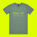 Green t-shirt with yellow text 'Disco...ish' on a chartreuse background