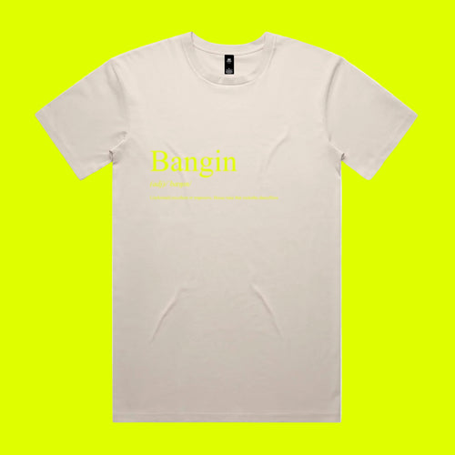 White t-shirt with yellow text 'Bangin' on a chartreuse background