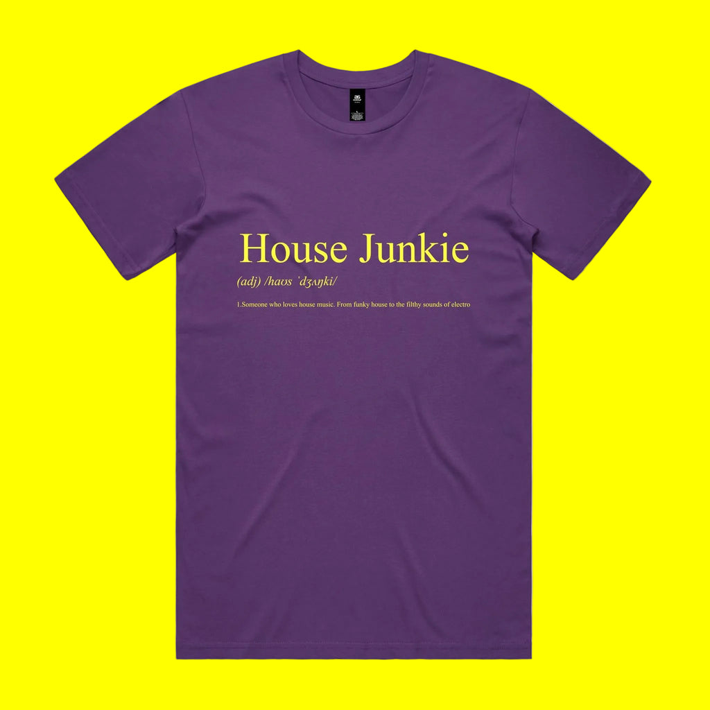 Purple t-shirt with 'House Junkie' text on a yellow background