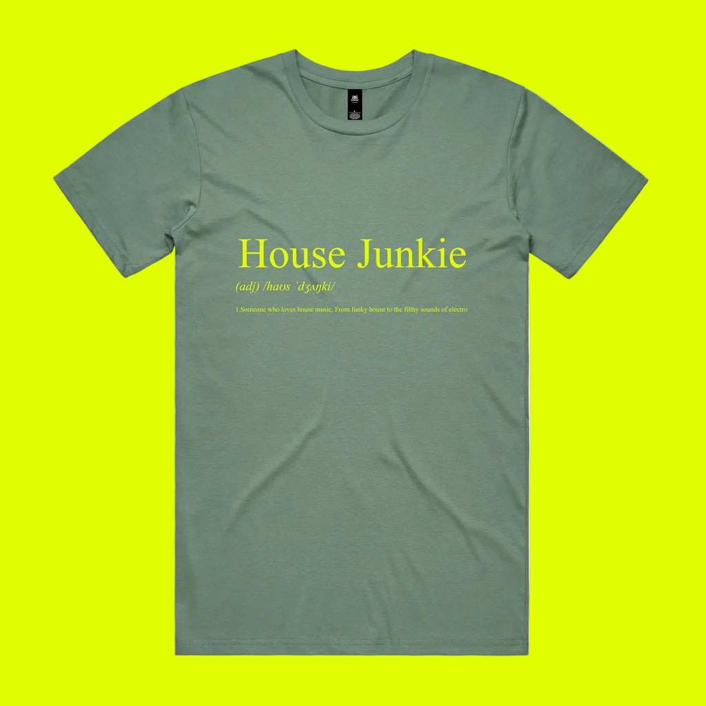Green t-shirt with 'House Junkie' text on a yellow background