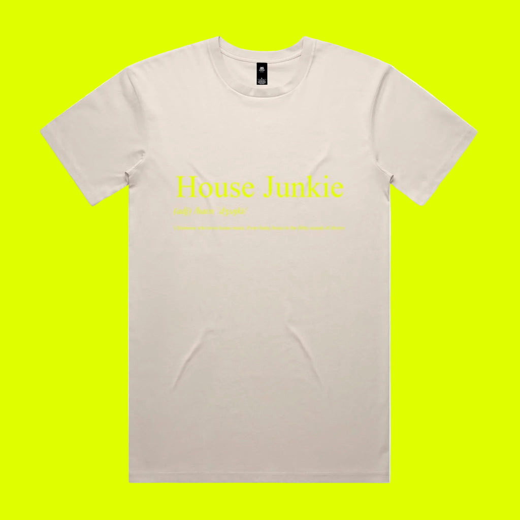 White t-shirt with 'House Junkie' text on a chartreuse background