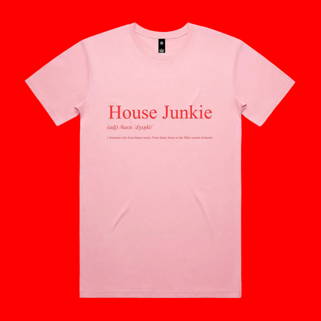 Pink t-shirt with 'House Junkie' text on a red background