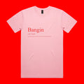Pink t-shirt with 'Bangin' text on a red background