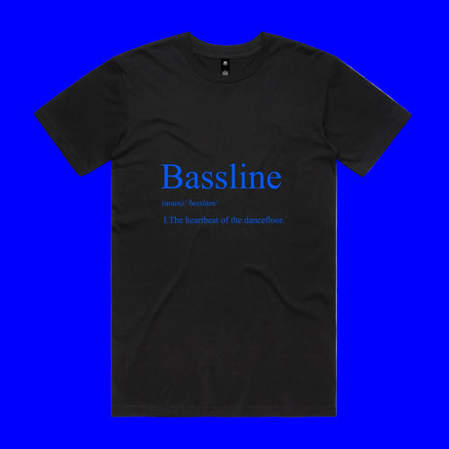 Black t-shirt with blue text on a blue background