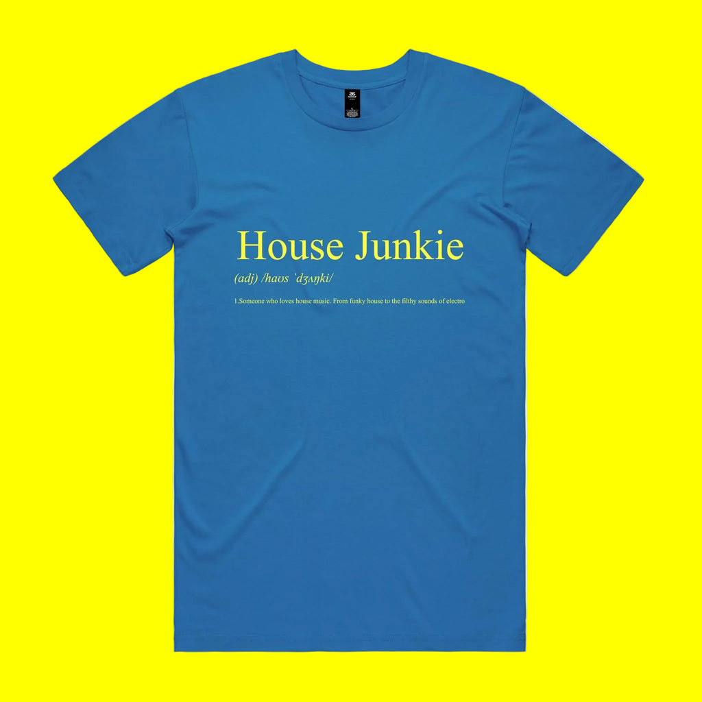 Blue t-shirt with 'House Junkie' text on a white background