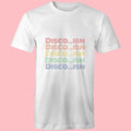 White crew neck t-shirt with the text 'Disco...ish' printed in a repeating pattern in multi-color letters across the chest.