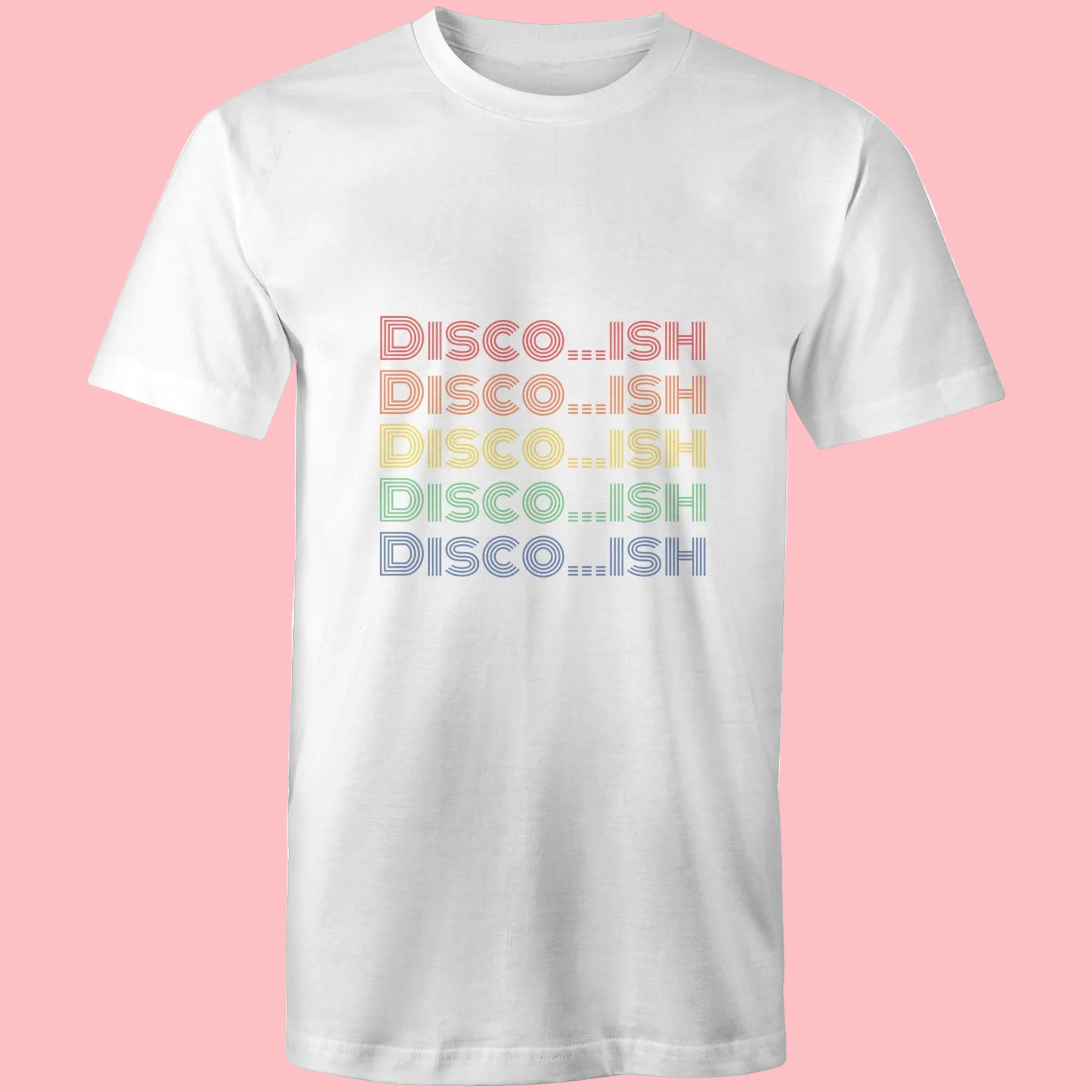 White crew neck t-shirt with the text 'Disco...ish' printed in a repeating pattern in multi-color letters across the chest.