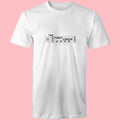 White crew neck t-shirt with text 'The Funky Gibson' printed on the front.